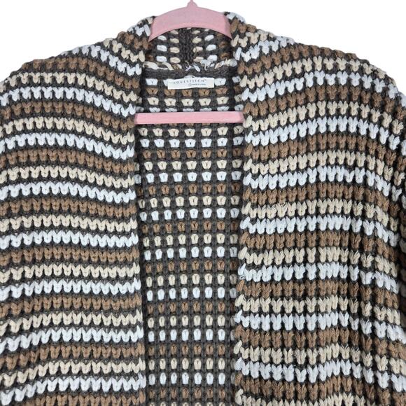 Lovestitch Cardigan Sweater Womens Small Brown Cream Striped Open Chunky Cozy - Picture 3 of 12